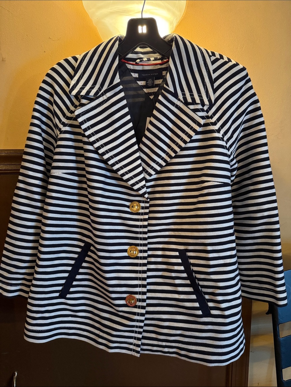 Tommy Hilfiger Striped Navy & White Peacoat Jacket - Classic Women's Coat